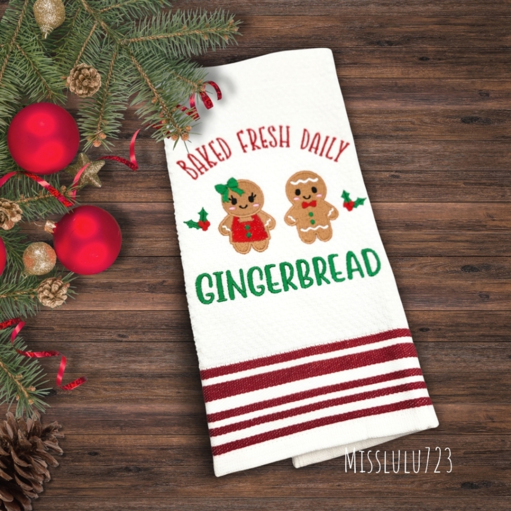 Gingerbread Kitchen Towel, Baked Fresh Daily Embroidered Gingerbread Towel